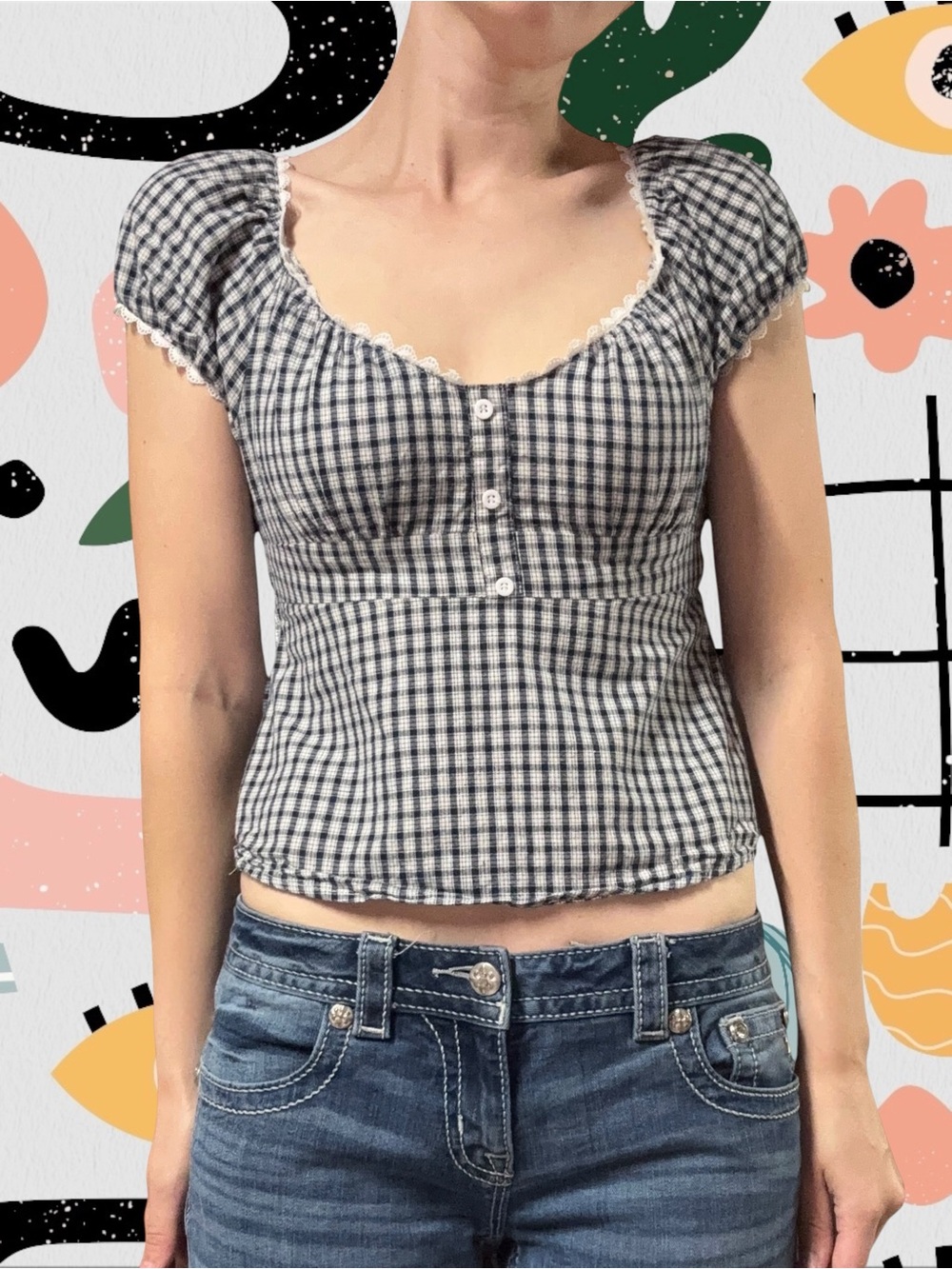 Shein | Blue and White Checkered Plaid Lace Trim Cropped Babydoll Top